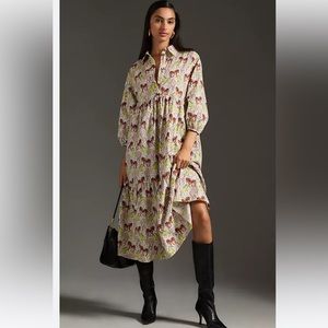 Anthropologie Equestrian Print Midi Dress - Cream and Brown